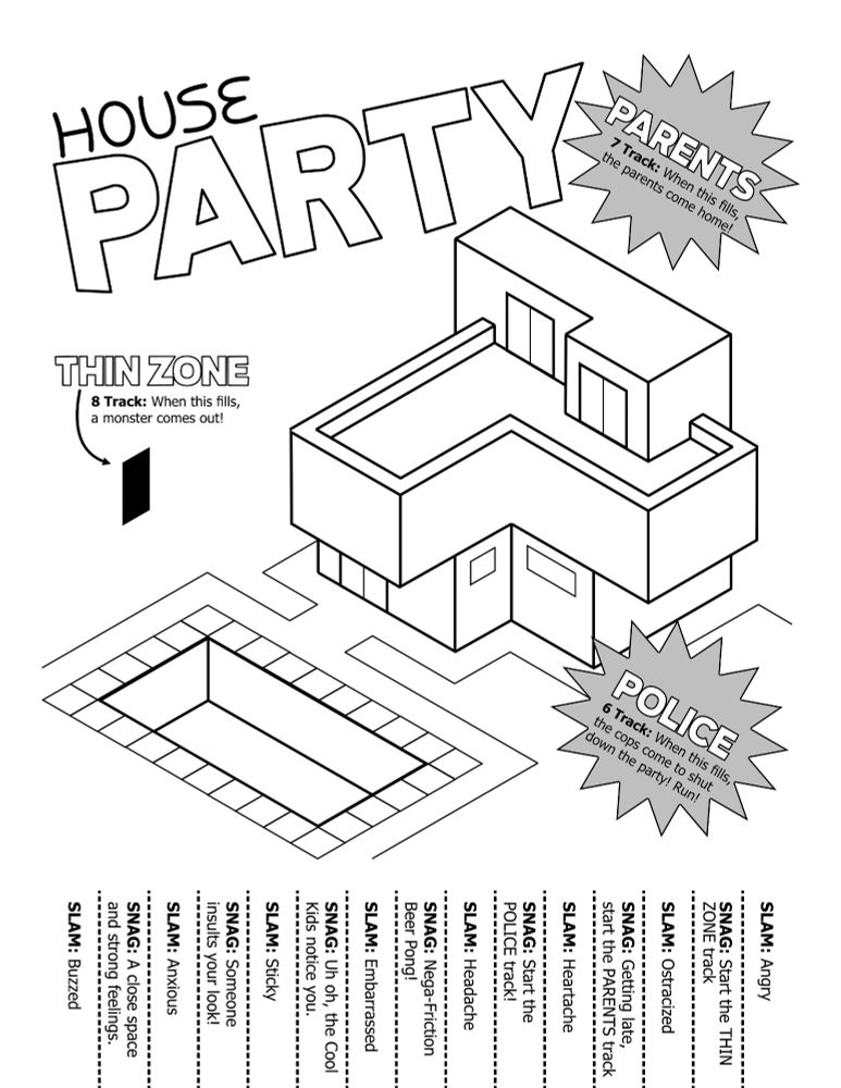 black and white art of a cartoon house next to a pool, styled like one of those street posters with the cut tabs you can pull at the bottom but instead of contact info it's snags and slams