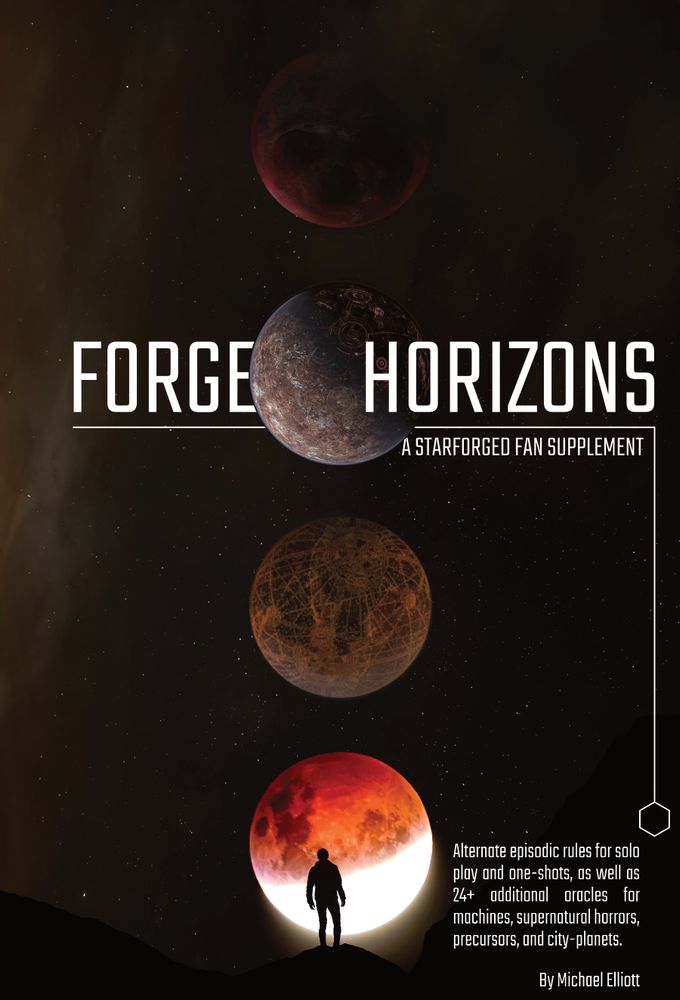 Cover of Forge Horizons showing four planets in alignment above a person on a dark horizon. 