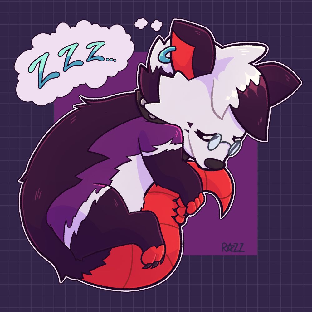 Illustration of a purple possum character sleeping, curled up in an oval shape