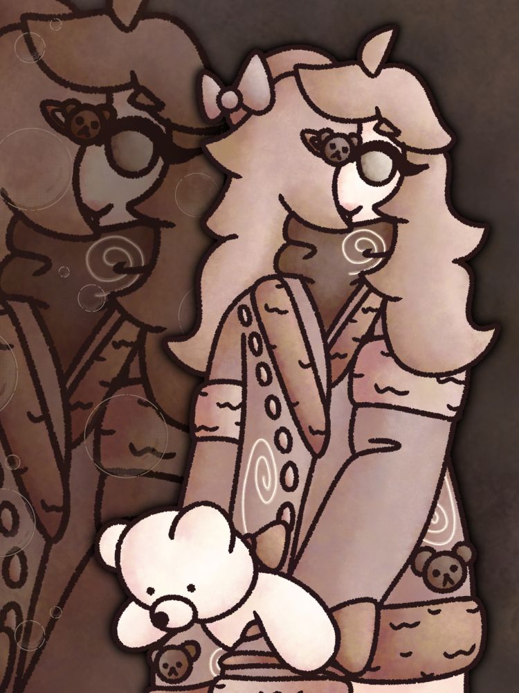 drawing of a girl in a muted pink and brown sweater holding a white teddy bear