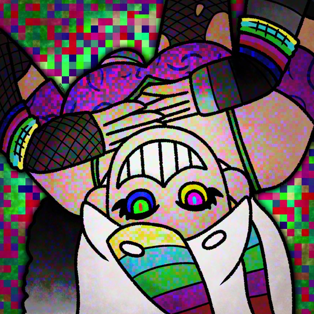 drawing of a girl with a cheshire cat smile floating upside down 