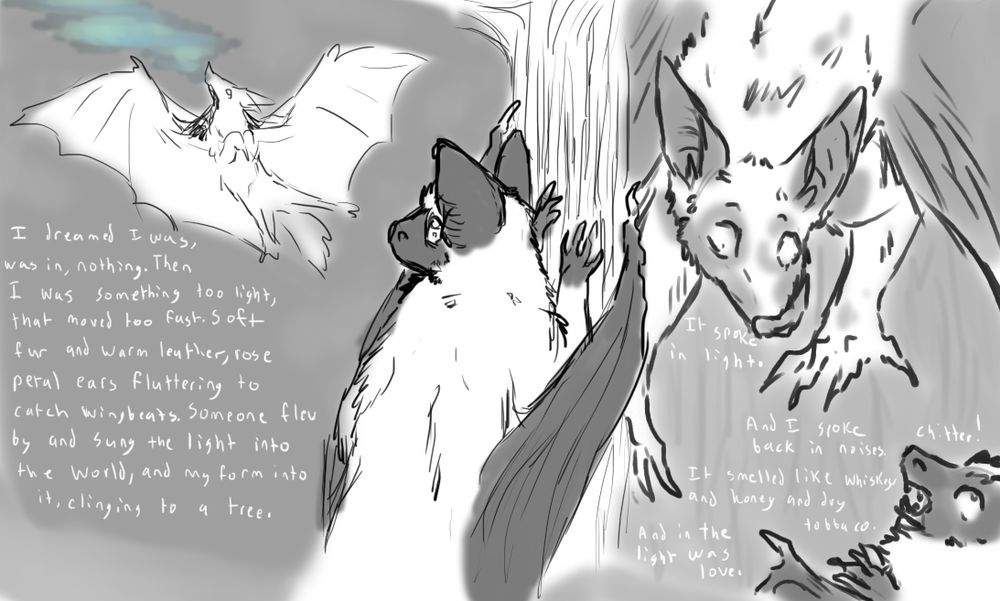 Left: I dreamed I was, was in, nothing. Then I was something too light, that moved too fast. Soft fur and warm leather, rose petal ears fluttering to catch wingbeats. Someone flew by and sung the light into the world, and my form into it, clinging to a  tree. (A microbat styled Curator watches a flying fox Curator singing echoes into the dreamscape, causing a burst of aurora-like light.

Right: It spoke in light. And I spoke back in noises. (batty chittering) It smelled like whiskey and honey and dry tobacco. And in the light was love. (The bat nervously edges back as the flying fox, revealed to be Cards, approaches curiously) 