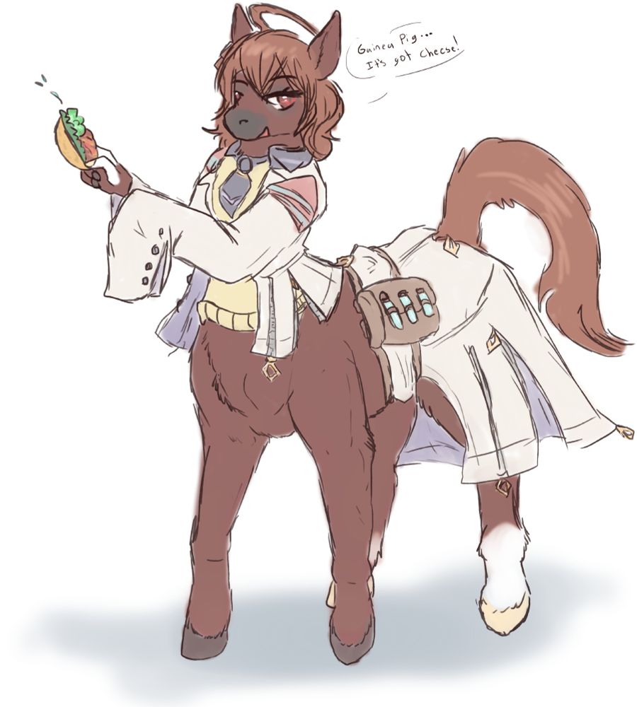 "Guinea Pig....It's got cheese!"

Agnes Tachyon but full horsetaur, she has a comedic taco to censor her syringe as a nod to the parody 'Casey and Friends'. 