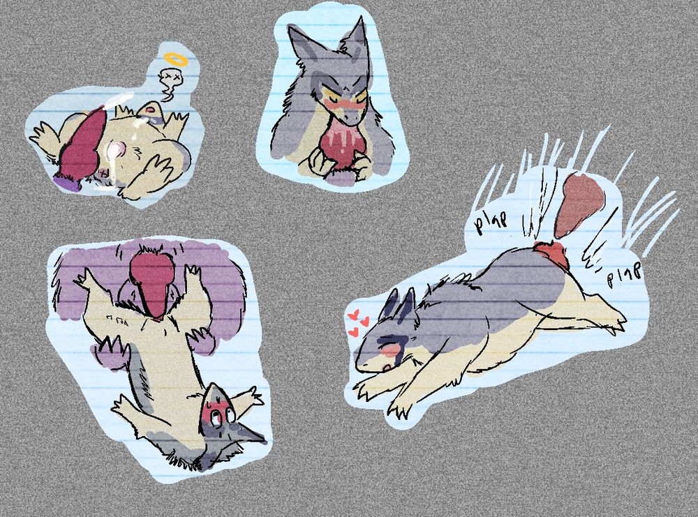 Various doodles of Jen Quilava
-Gengar having just pulled out after cream-pie'ing it 
-Dick succ
-Held up by hips to be fucked
-Plapped from behind 