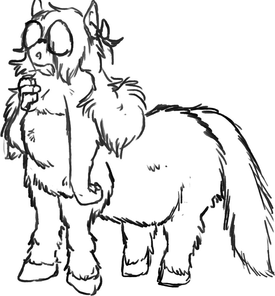 A shaggy, scruffy Shetland Pony taur. It's got long, shaggy hair, over which are big round glasses
