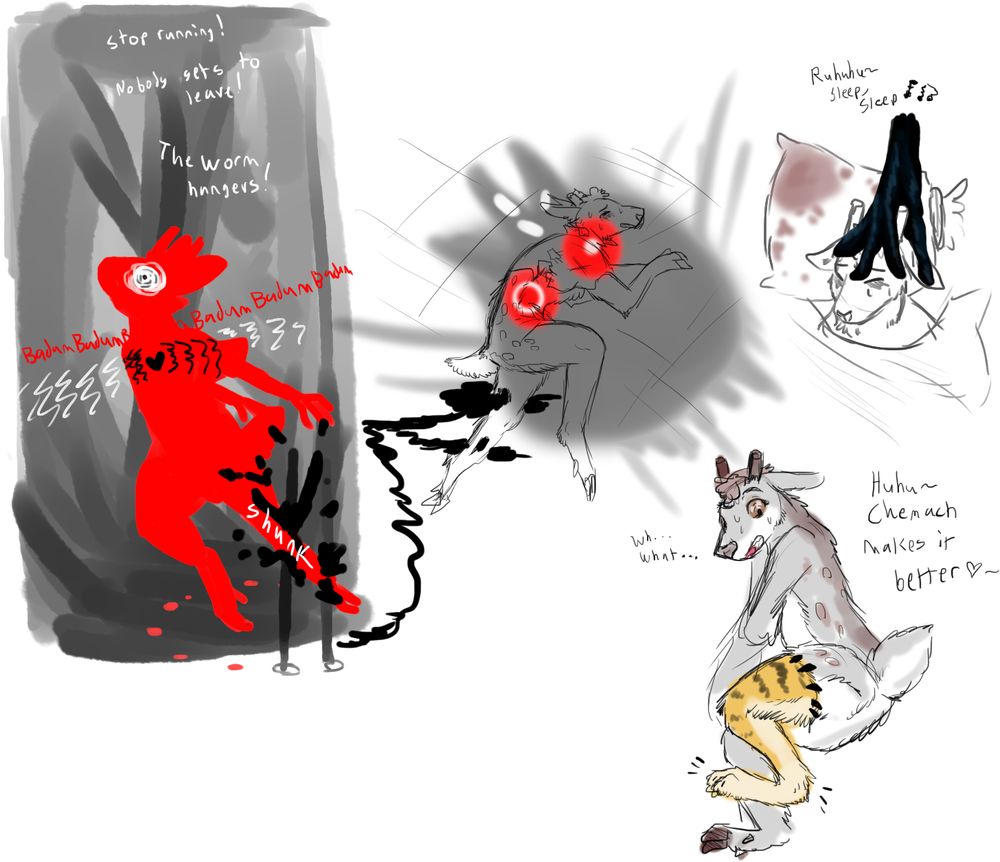 "Stop running! Nobody gets to leave! The worm hungers!" A deer follower is running through Darkwood, only to trigger a spike trap that stabs through her leg twice.

She hobbles away and passes out in Chemach's room. Chemach uses one of her sacks as a pillow for the deer, patting her head and saying,"Ruhuhu~ Sleep, sleep"

The deer wakes up, looking down in shock to see her leg has been replaced with that of a cat. 
"wh...what..."
"Huhu~ Chemach makes it better"