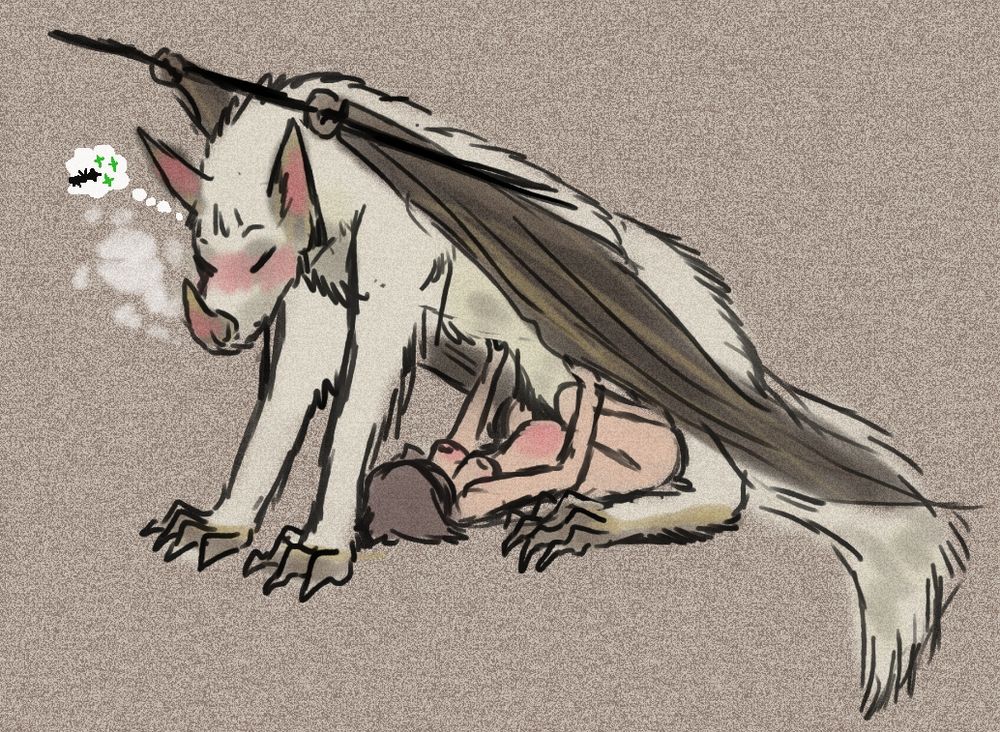 Cards having just cum in a human who lays underneath it. Cards is huffing and imagining it got them pregnant while holding onto a wire with its wings. The human strokes Cards belly during the afterglow. 