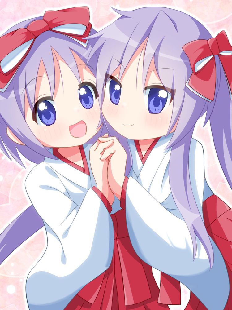 Kagami and Tsukasa Hiiragi (Lucky Star), wearing miko robes and holding hands