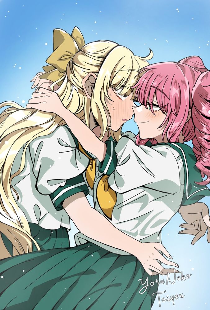 Haruka Hanabishi giving Kaoruko Tenkawa a hug. Haruka is giving Kaoruko a come-hither smirk while Kaoruko blushes furiously. Characters from Gushing Over Magical Girls.