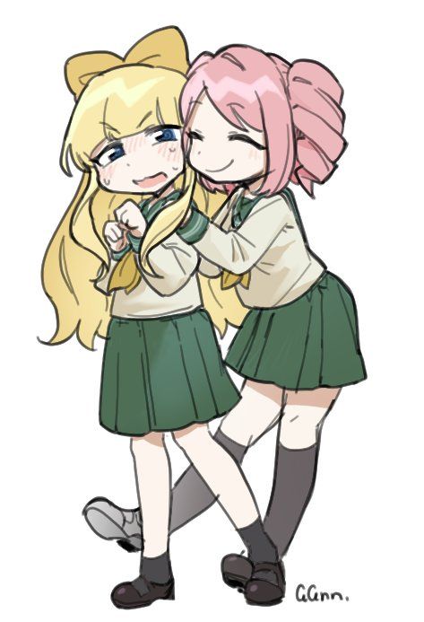 Haruka Hanabishi holding onto Kaoruko Tenkawa's shoulders from behind. Haruka is smiling with her eyes closed. Kaoruko is blushing. Characters from Gushing Over Magical Girls / MahoAko