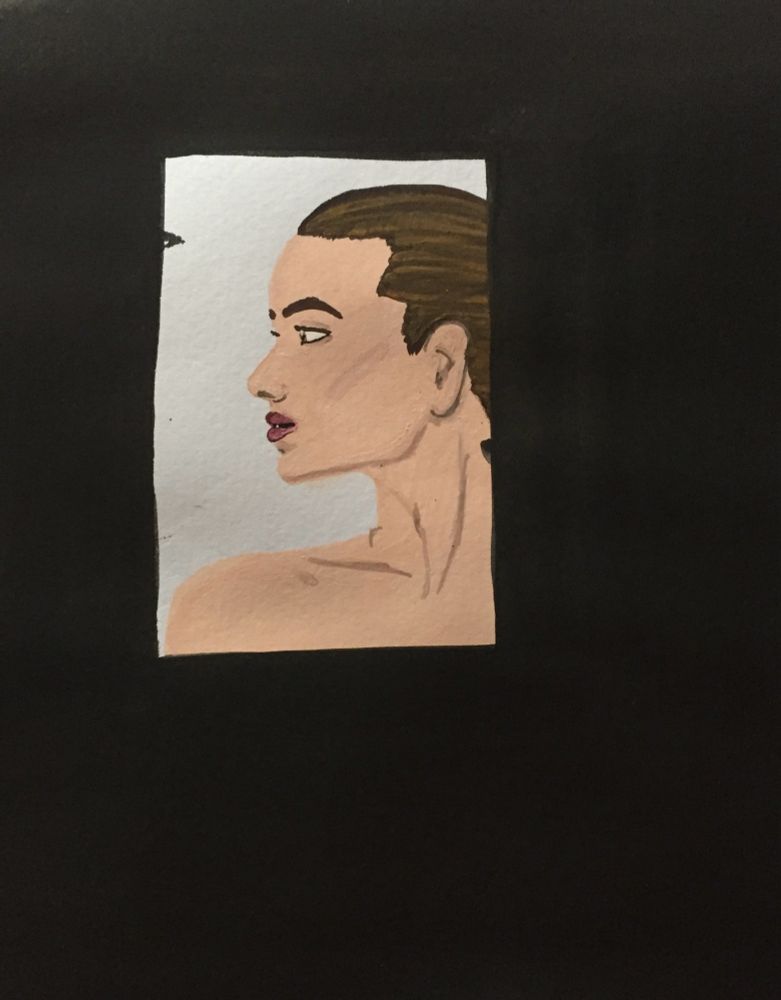 Watercolor of a brunette woman’s profile looking to the left. Black surrounds all but a rectangle around her face and shoulder. 