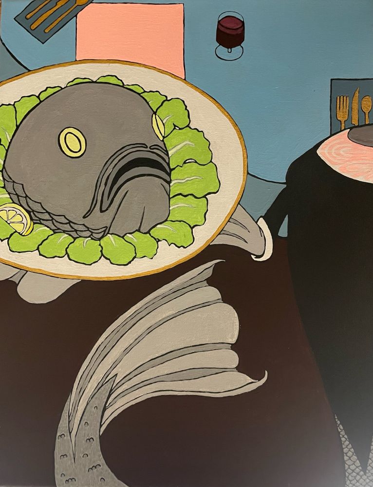 A fish dressed as a fancy waiter serves its own head. The background shows a dining table set with gold utensils and red wine. 