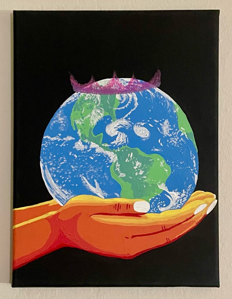 Orange hands with gold and red shading holding up the Earth. There is a magenta-purple aurora borealis crown circling it around the northern pole. 