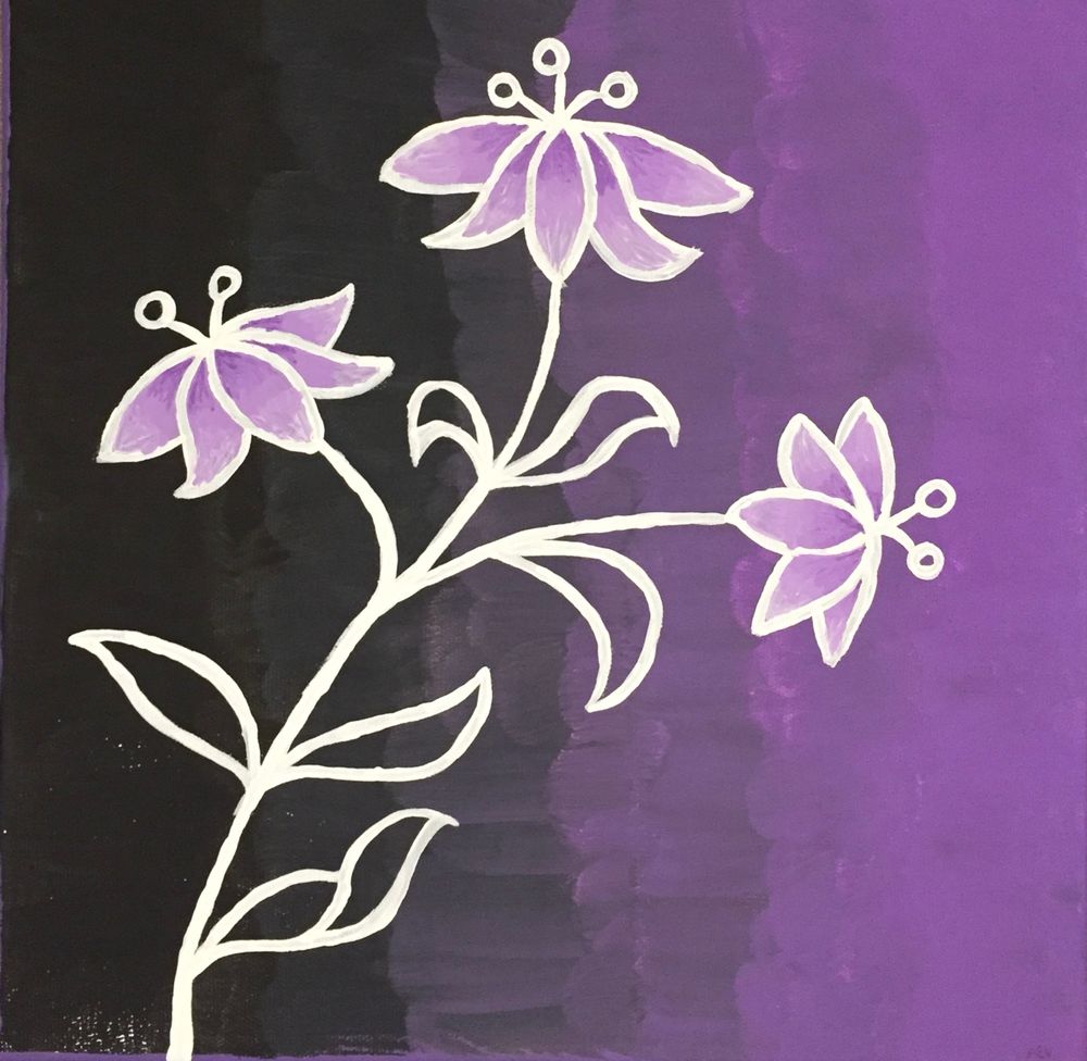 White-purple gradient petaled flowers perch atop of a white stem with transparent leaves outlined in white. The background consists of a black-purple gradient. Acrylic on canvas. 