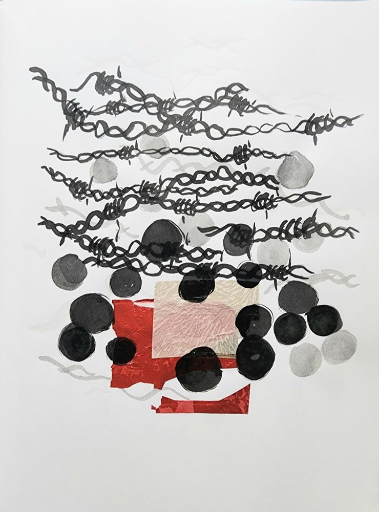 Mixed media drawing with a tangle of black barbed wire, black and grey dots, two red shapes, and a beige shape, on white paper. 