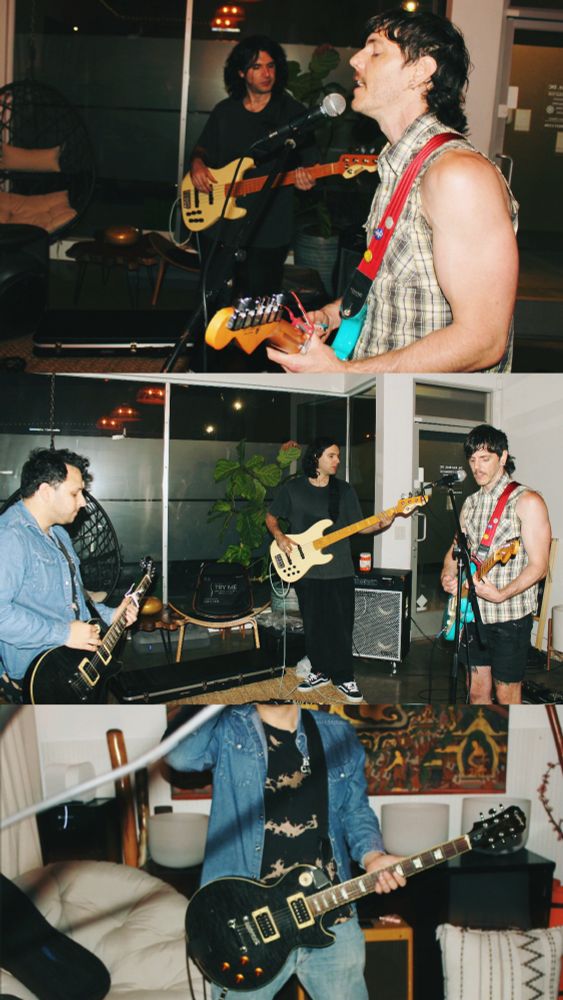 Three photo collage of SH!NER band practice: 1) Kasey playing guitar + singing into microphone, Jesse in the background playing bass 2) Kasey, James, + Kasey each playing guitar 3) James from the head down holding his guitar 🖤 SH!NER is a queer alternative rock band in LA 