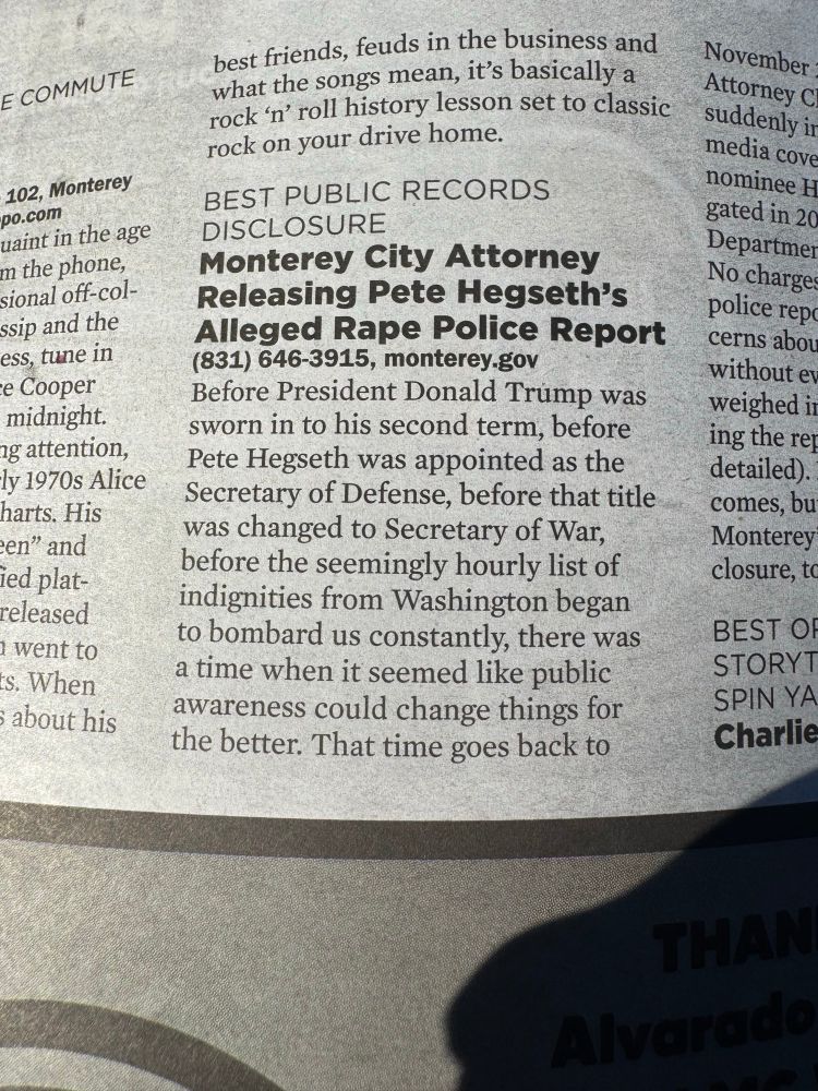 Best Public Records Disclosure: Monterey City Attorney Releasing Pete Hegseth’s Alleged Rape Police Report
