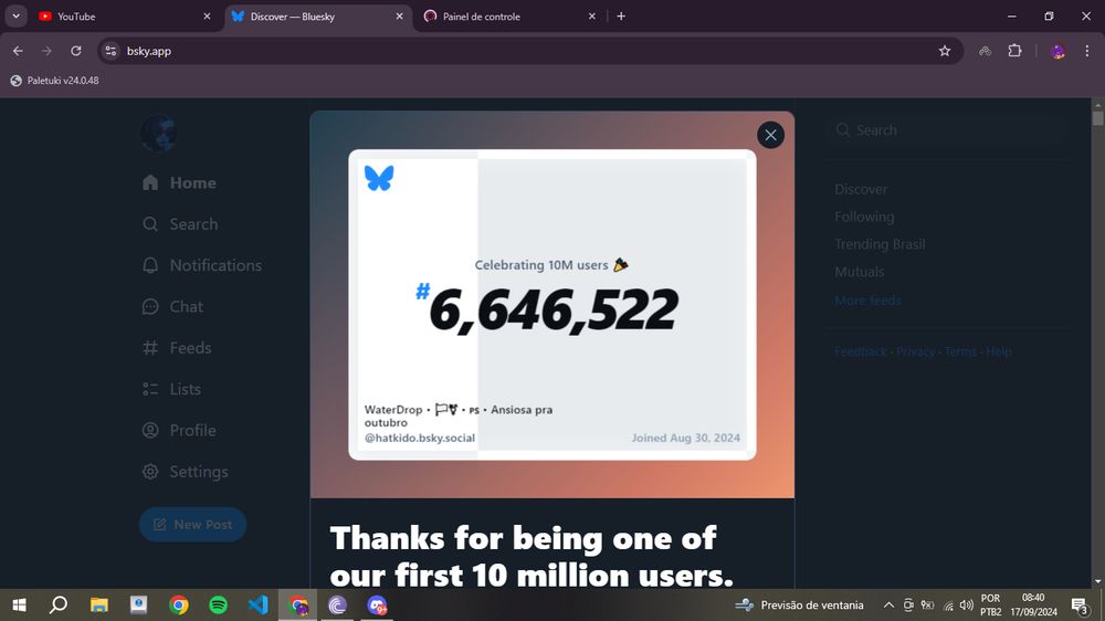 print of the "thanks for being one of our first 10 million users" from bluesky, the print shows that the user (me) is the 6,646,522 user of all time
