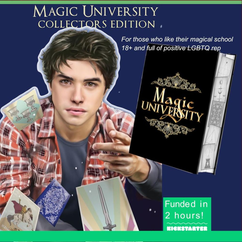 Blue advertising banner with artwork of Kyle and a mockup of a fancy hardcover book