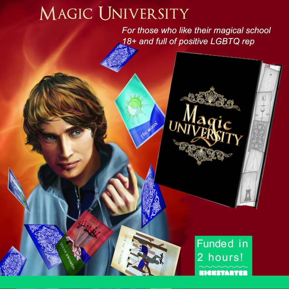 Red advertising banner with artwork of Alex and a mockup of a fancy hardcover book