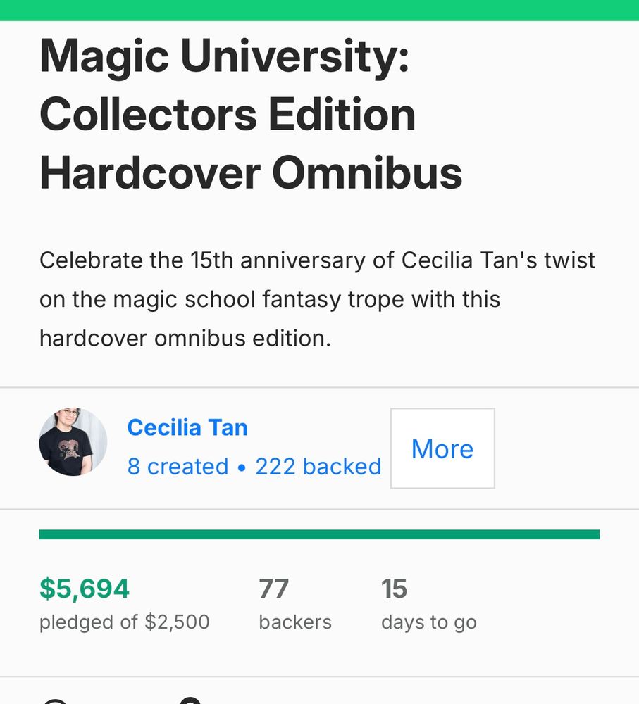 Screencap from Kickstarter reads Magic University collectors edition hardcover amount raised $5,694