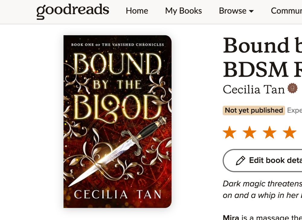 Screencap from a good reads page showing the book cover of Bound by the Blood by Cecilia Tan, a red and black design with a shiny fancy dagger as the central illustration, and some text which is cut off. 
