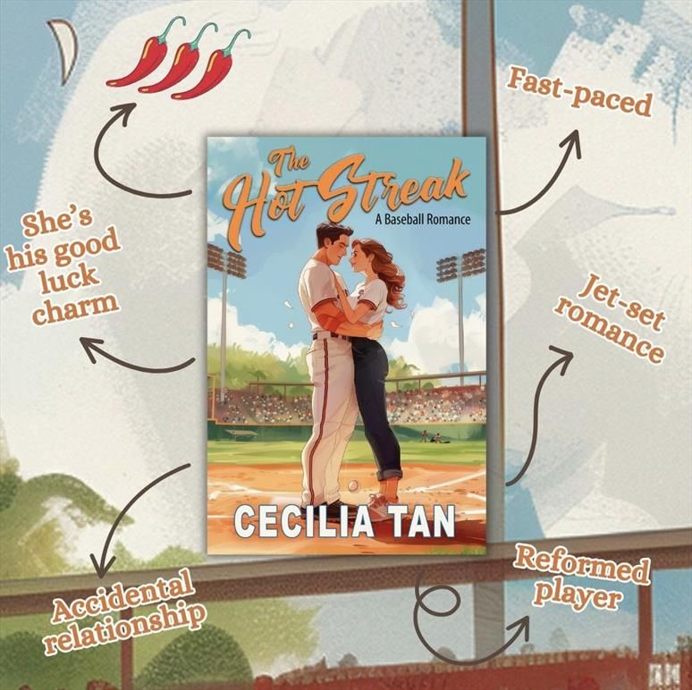 Tropes graphic listing she's his good luck charm, jet-set romance, accidental relationship, fast-paced. The cover shows a baseball player and his girlfriend on a baseball field. 