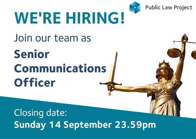 PLP logo and statue of Justice. "We're hiring! Join our team as Senior Communications Officer. Closing date: 14 September 2025 at 11:59pm."