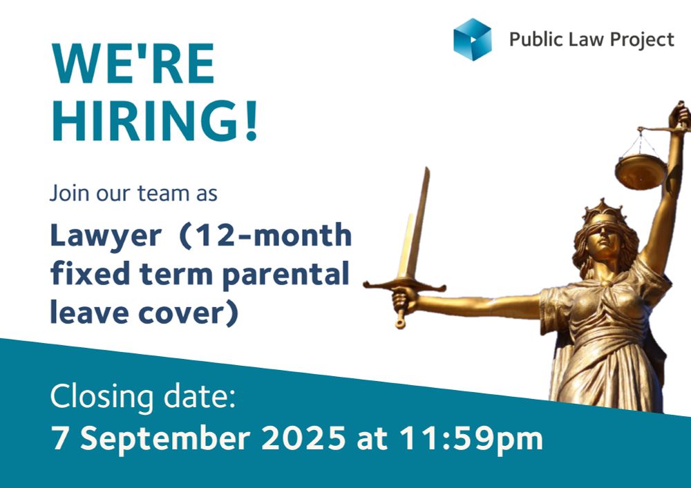PLP logo and statue of Justice. "We're hiring! Join our team as Lawyer (12-month fixed term parental leave cover). Closing date: 7 September 2025 at 11:59pm."