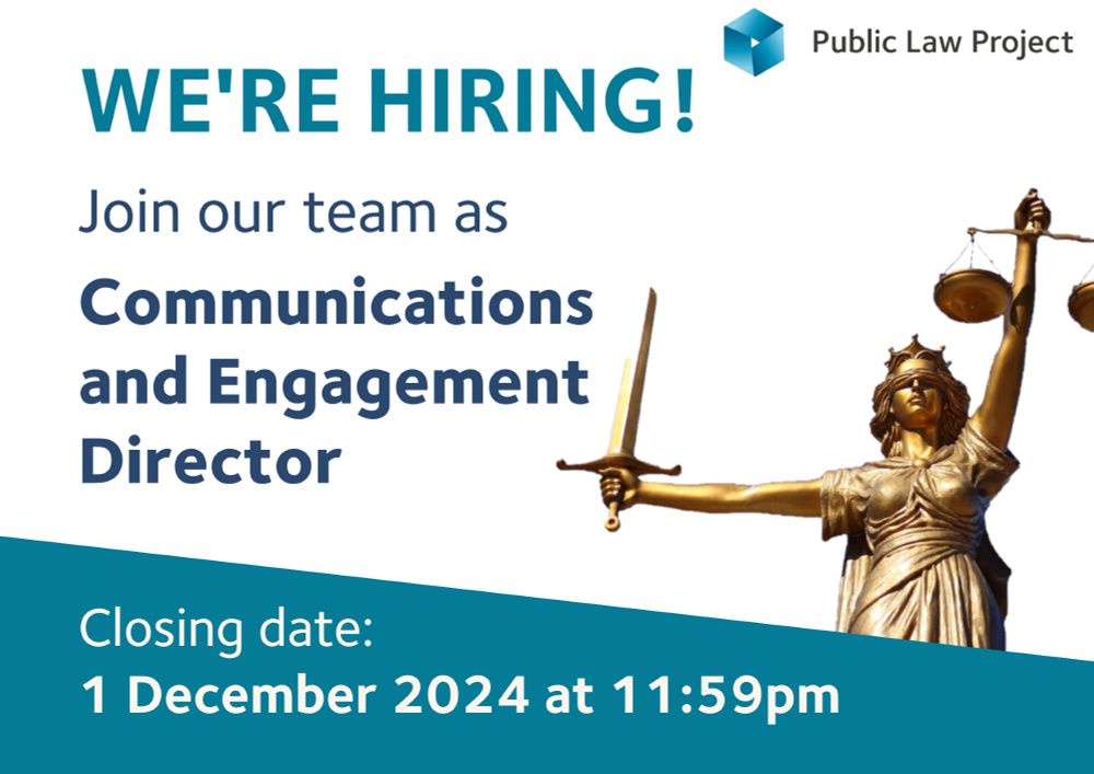 We're hiring! Join our team as Communications and Engagement Director. Closing date: 1 December 2024 at 11:59pm (PLP logo, image of Justice carrying scales and sword)