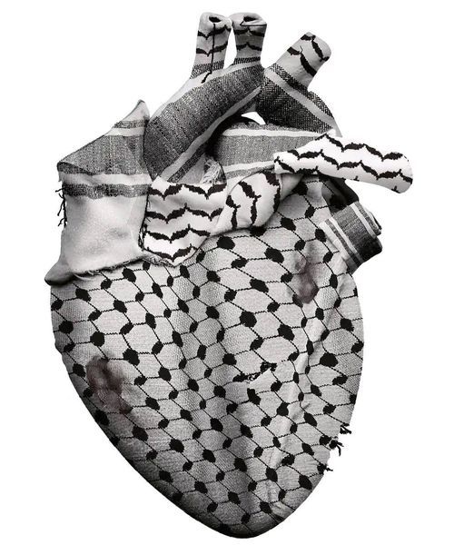 Un cœur réalisé avec un keffieh palestinien noir, blanc et gris... 