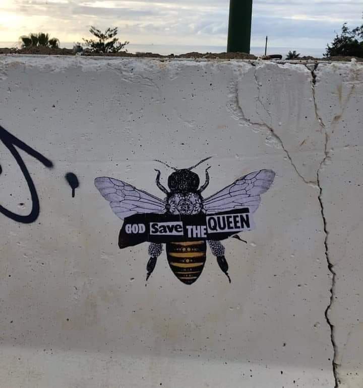 Street art : une abeille peinte sur un mur fissuré avec le texte suivant : 

- GOD SAVE THE QUEEN 