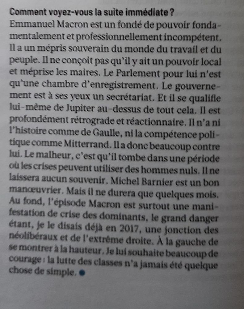 Pardon mais le texte eet un peu long et je suis trop fatigué pour le transcrire là maintenant. Le texte entier de l'interview est dans le lien mais il faut être abonné.