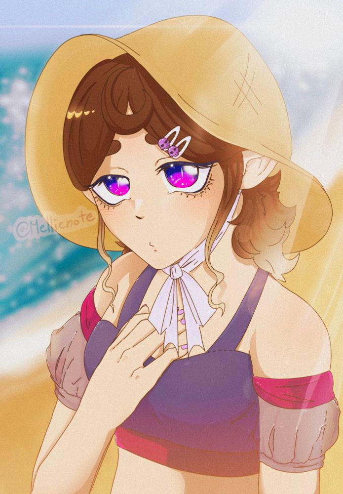 A elf girl in a purple bathing suit top and a straw hat tied into a bow below her chin is looking at the camera with her hand on her chest. The Background is of a beach with the water in view and sunlight peering in from behind!