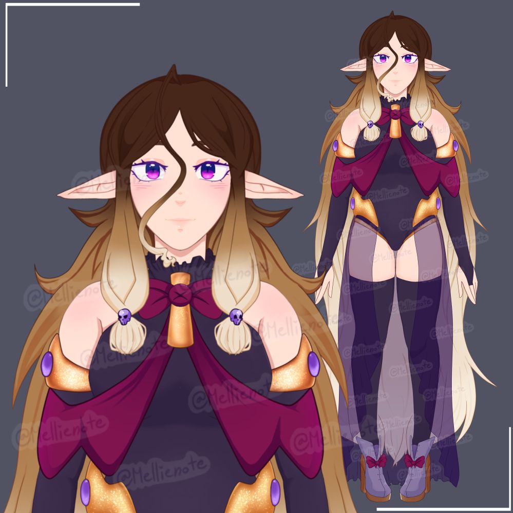 Fullbody VTuber model of an elf girl with long brown to blonde messy hair. She’s wearing a purple body suit that has gold and dark pink accessories, along with purple thigh high socks and purple boots with dark pink bows. 💜💖