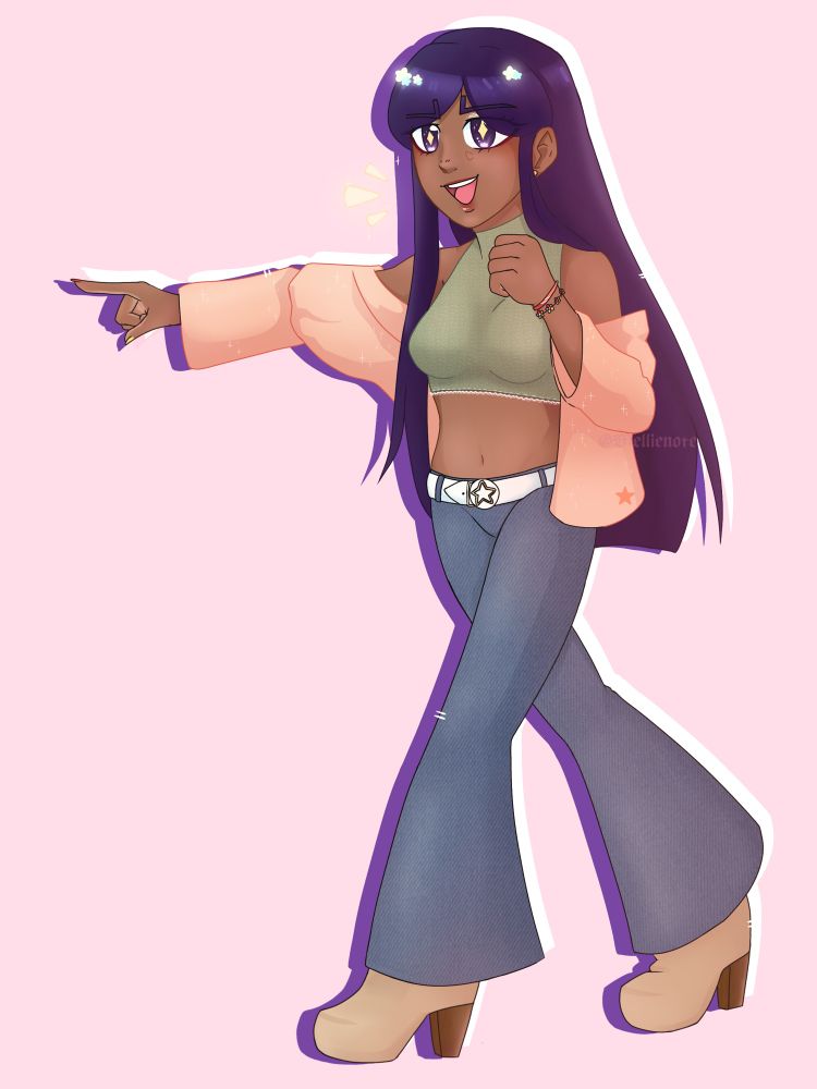 A genderbent modern ver of Koito from Golden Kamuy. She is pointing forward as he walks with a happy expression on her face. 🎏