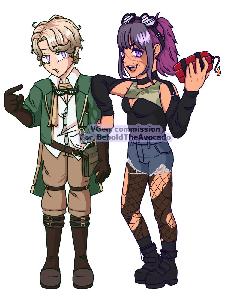 Commission Doodle for BeholdTheAvocado of two of their characters. The blonde one is pointing at the purple haired one who is leaning on the other and holding an explosive! 🧨 