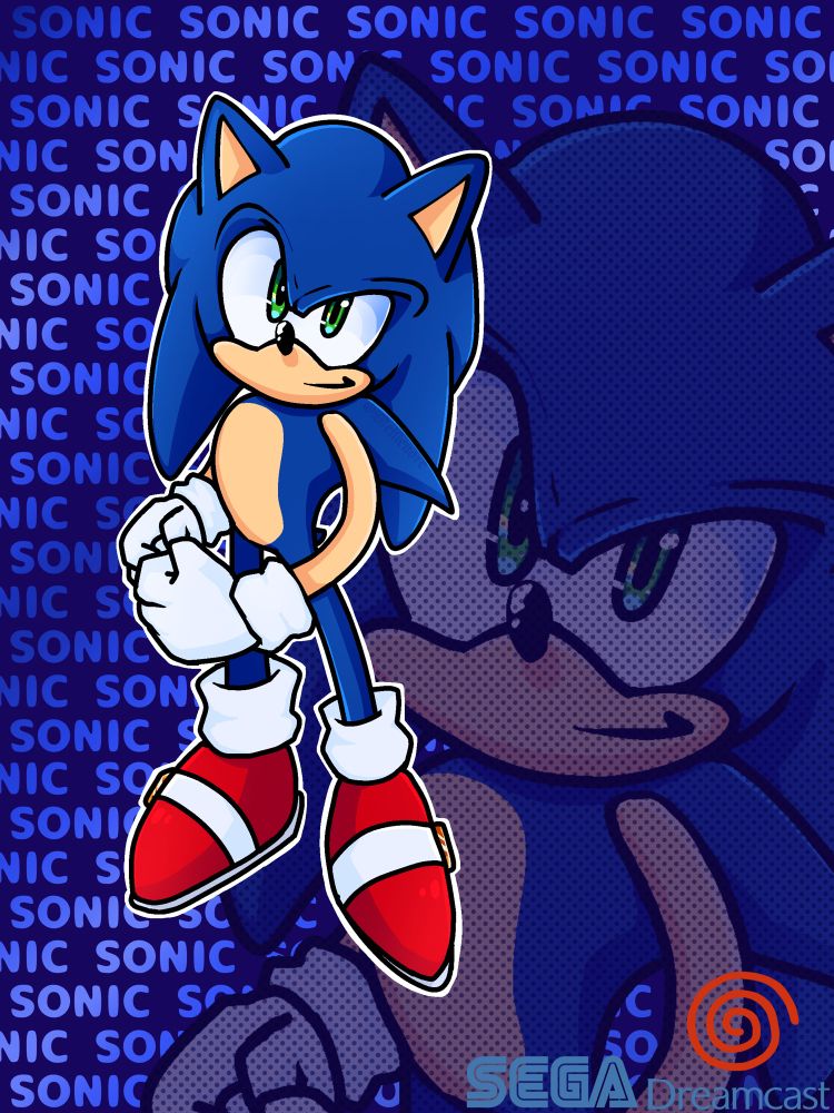 Sonic Adventure Sonic doing a very cool pose! The background is blue with SONIC written across the back a upclose image of the same sonic in the back as well. SEGA Dreamcast logo bottom right corner!! 🌭🦔