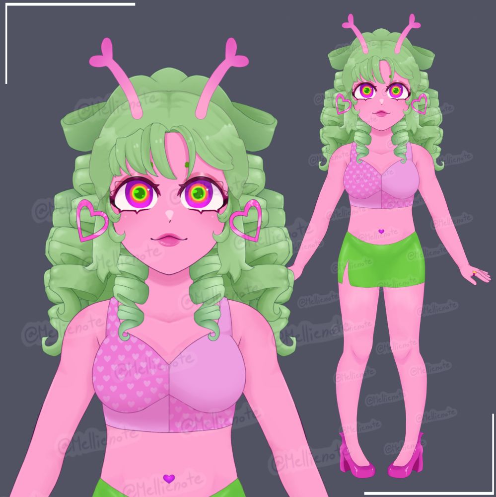 Fullbody Vtuber model of a pink alien with curly green hair, wearing a pink top with a heart pattern on certain parts, a green mini skirt, and pink heels! 💞