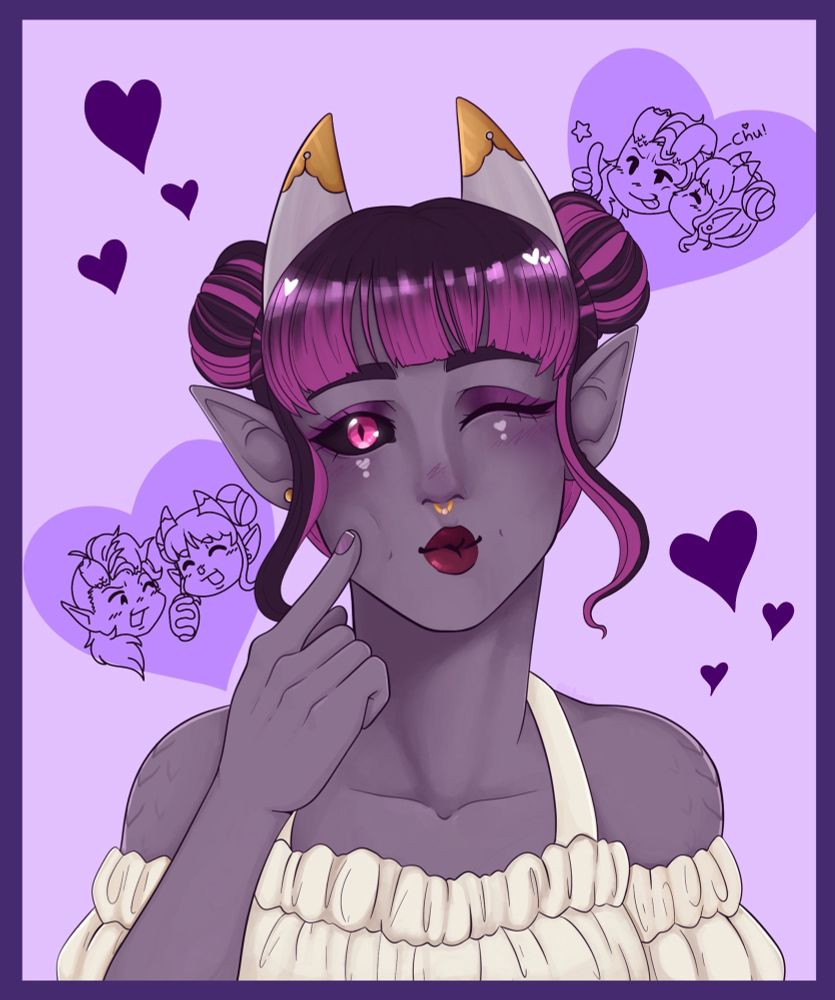 A purple tiefling poking her cheek and making a kissy face. A heart to her left has her and Karlach from BG3 holding hands and laughing. Another heart above her to the right, is her kissing Karlach on the cheek as Karlach gives a thumbs up. (Character belongs to SinkSankSockie on Art Fight)
