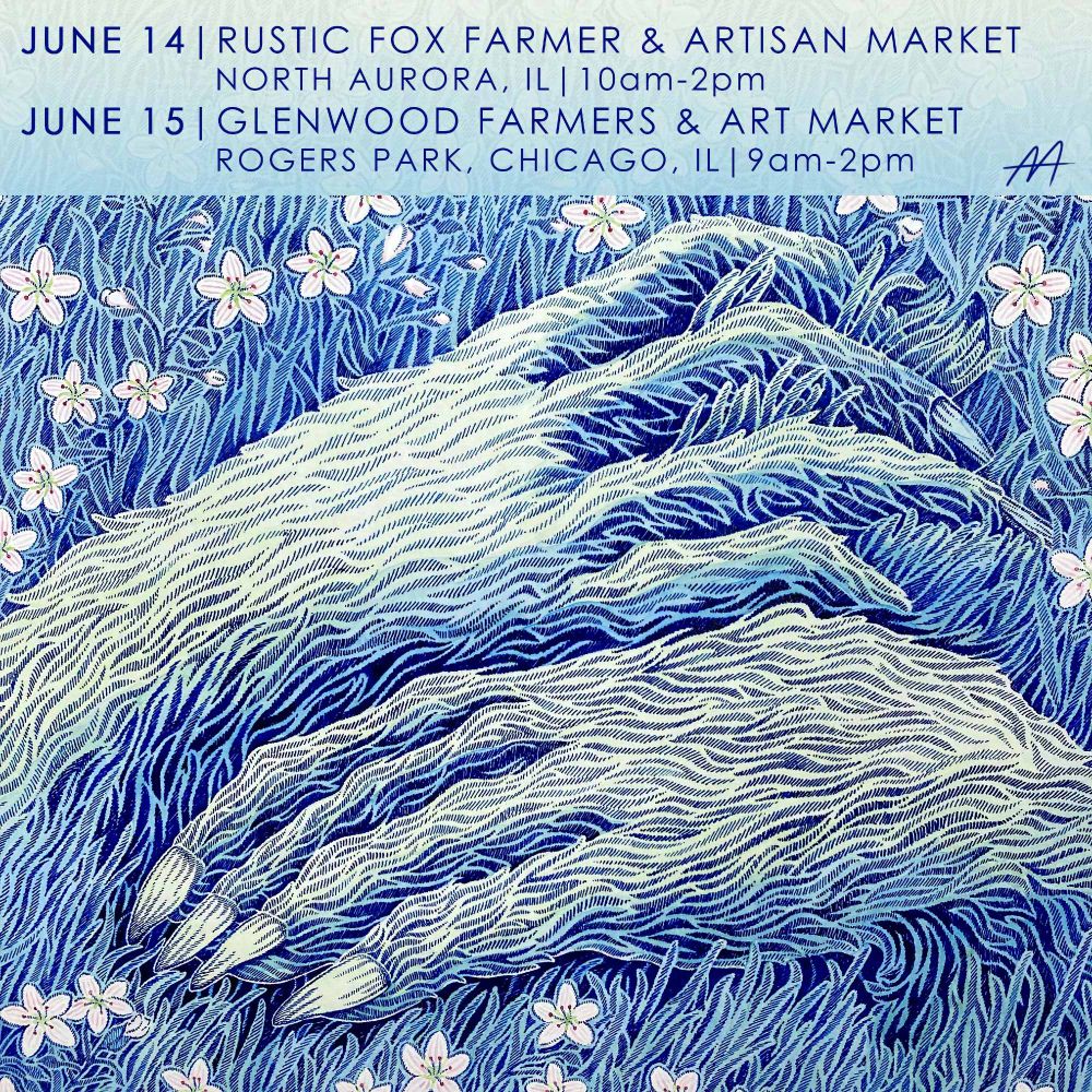 An ink and watercolor image of a blue and green grass field, with hands materializing out of the leaves. Delicate pink "spring beauty" ephemerals dot the landscape. Image includes the following text:
"June 14 | Rustic Fox Farmer & Artisan Market
North Aurora, IL | 10am-2pm
June 15 | Glenwood Farmers & Art Market
Rogers Park, Chicago, IL | 9am-2pm"