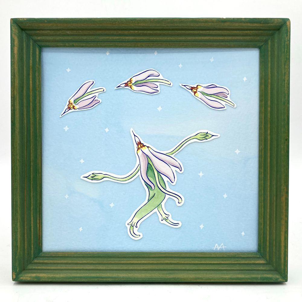 An ink and watercolor drawing in a distressed green frame. On a pale blue background dotted with stars, an anthropomorphic sprite of a shooting star flower dances beneath three of the same flowers in an arc.