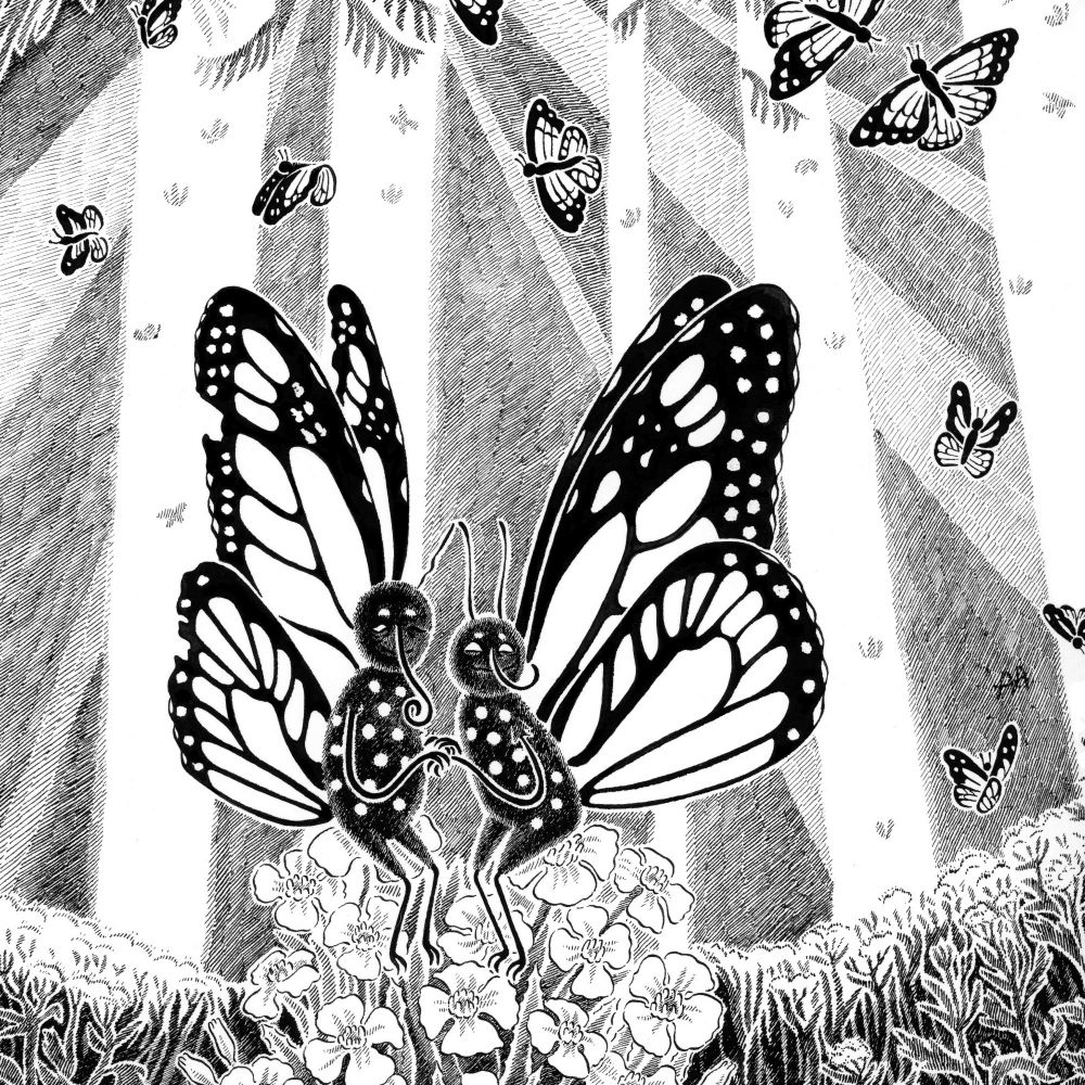 A detail image of a traditional ink hatching piece in black ink on white paper. In the foreground, two anthropomorphic monarch butterflies sit on a cluster of flowers, looking up at the butterflies flying overhead. In the background, tall pine tree trunks are striped with rays of sunlight.