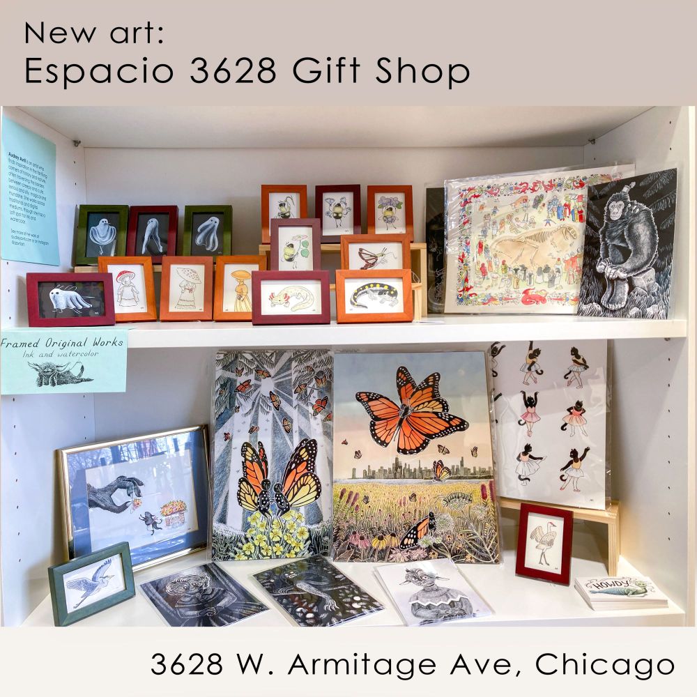 A bright, vibrant image of several small, framed watercolor artworks and bagged prints arranged across two white wall shelves. The top of the image displays the text: "New art: Espacio 3628 Gift Shop" and the image displays the address "3628 W. Armitage Ave, Chicago".