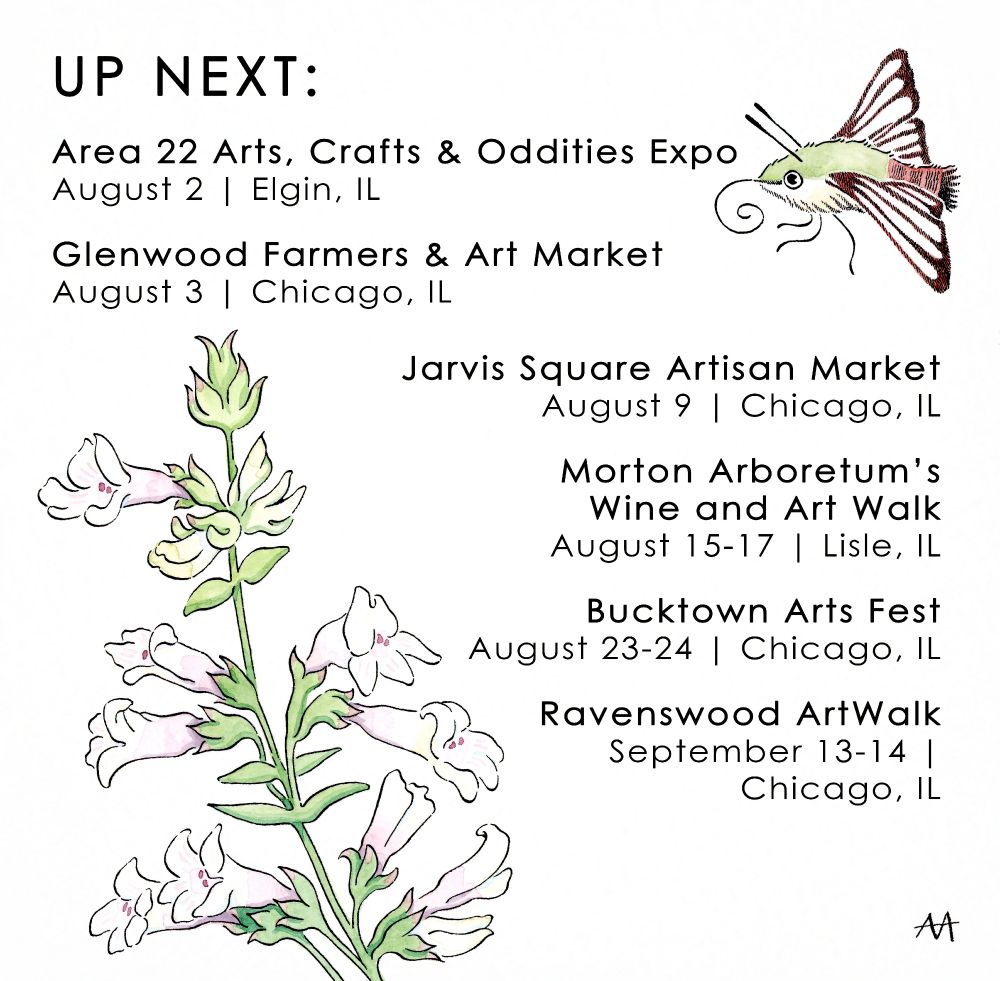 An image of a watercolor and ink drawing of a native penstemon plant with flower buds and a cartoonish clearwing hawkmoth flying over to meet it. Includes the following text:
"Area 22 Arts, Crafts & Oddities Expo 
August 2 | Riverside Drive, Elgin, IL

Glenwood Farmers & Art Market 
August 3 | The Glenwood, Chicago, IL

Jarvis Square Artisan Market
August 9 | Jarvis Square, Chicago, IL

Morton Arboretum’s Wine and Art Walk
August 15-17 | Morton Arboretum, Lisle, IL

Bucktown Arts Fest
August 23-24 | Chicago, IL

Ravenswood ArtWalk
September 13-14 | Chicago, IL"
