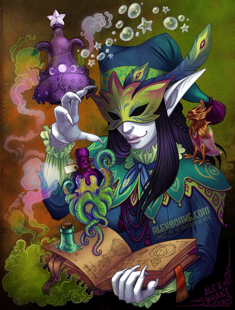 An illustration of a pointed eared woman with incredibly pale, white skin, and inky black hair. She wears a colorful jester outfit with a tassels hat and a mask that covers and conceals her eyes. From a thick tome she is pulling out magic potion bottles from the pages and levitating them into the air, surrounded by swirls of smoke. 