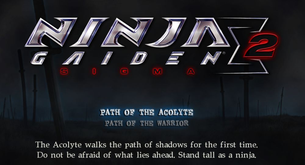 Ninja Gaiden Sigma 2 difficulty select screen, highlighting the beginner mode and a blurb that says "The Acolyte walks the path of shadows for the first time. Do not be afraid of what lies ahead. Stand tall as a ninja."
