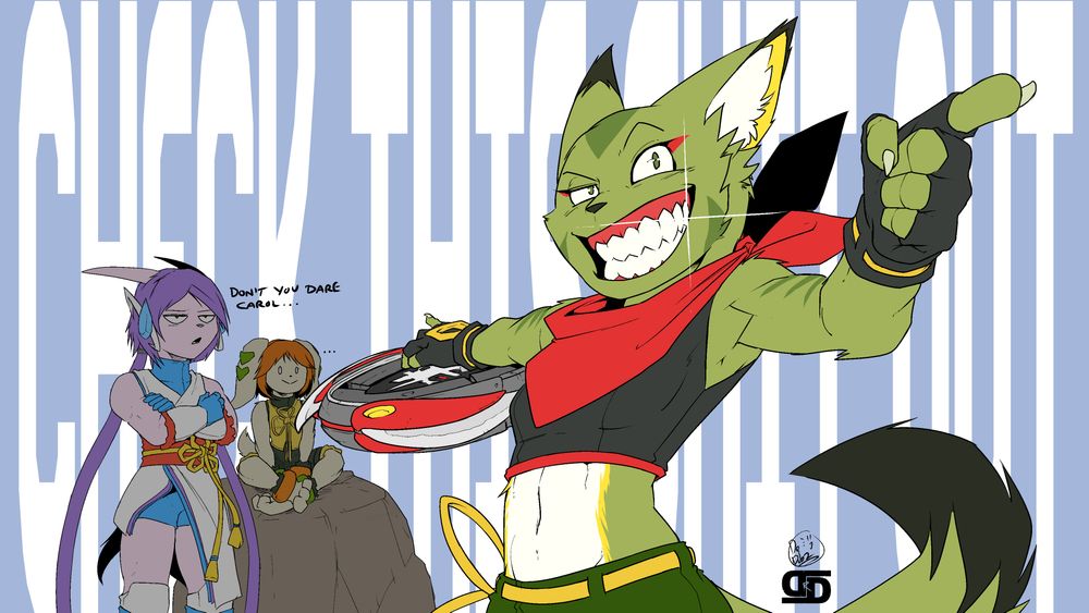 Carol, lilac and milla from Freedom Planet 2, Carol about to throw her cool disk thing with the text "check this shit out" in the background. Lilac is saying "don't you dare Carol"