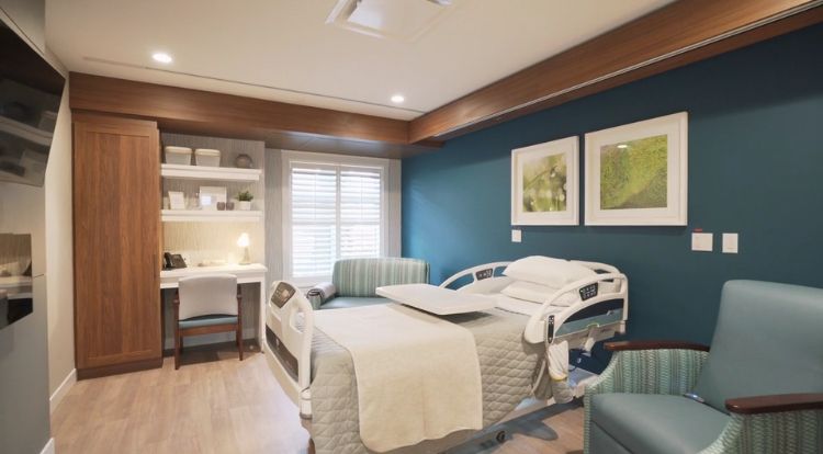 A room: on left wall is tv with a fire screen(? not sure what it is called) beneath. Beyond this, along the far wall is a closet, a built in desk and a window. In front of the window is a sofa bed for a family member and then the bed for resident. The medical equipment to assist with mobility is hidden in the ceiling and in the wooden coving.