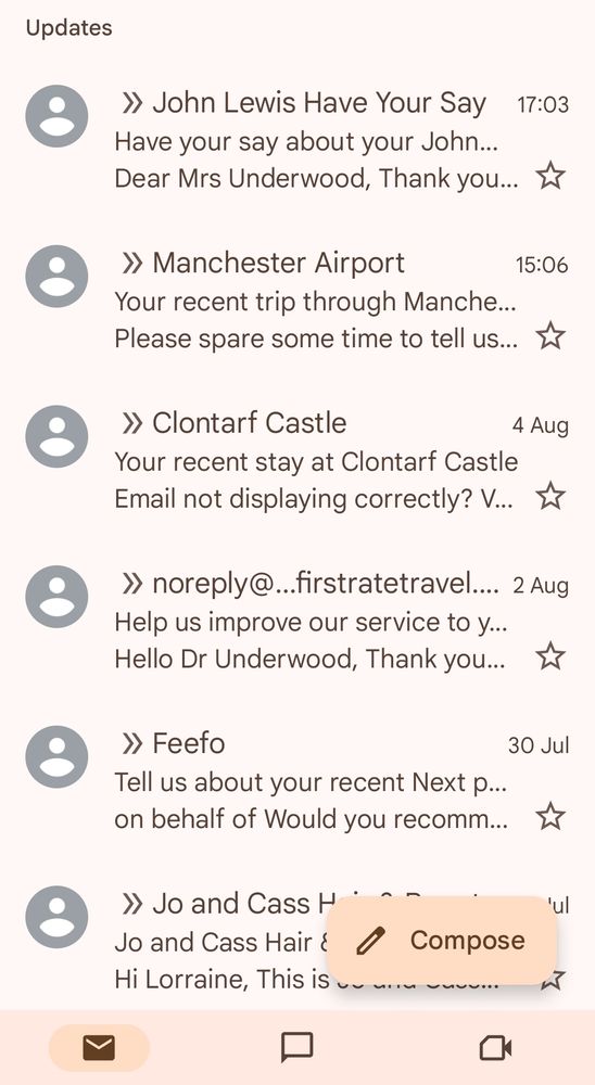 A list of emails from hairdressers, travel company, hotel and airport asking for me to review their services. 